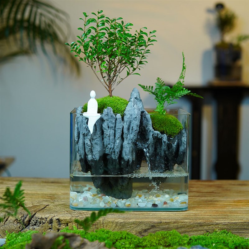 生态微景观鱼缸 绿植盆栽苔藓山水缸 办公室客厅茶台悬浮流水摆件