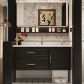 橡木烤漆浴室柜岩板热弯一体盆法式 洗漱台洗手洗脸盆智能镜柜