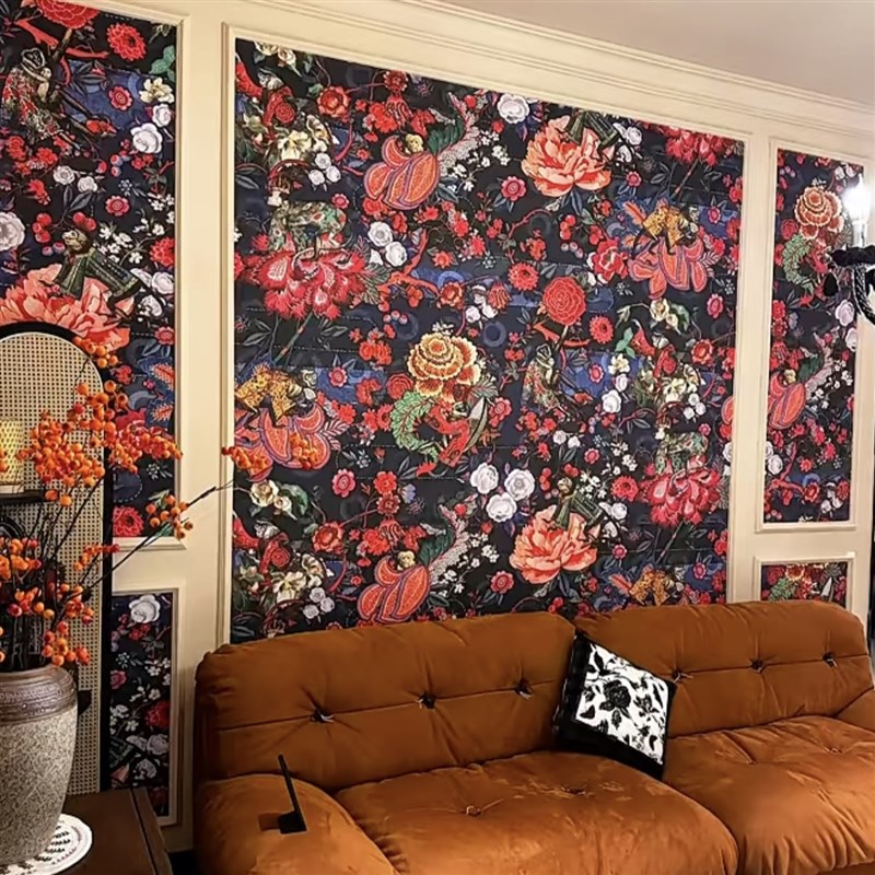 定制无缝壁布轻奢梵高花园黑底红花客厅卧室玄关背景壁画餐厅墙布