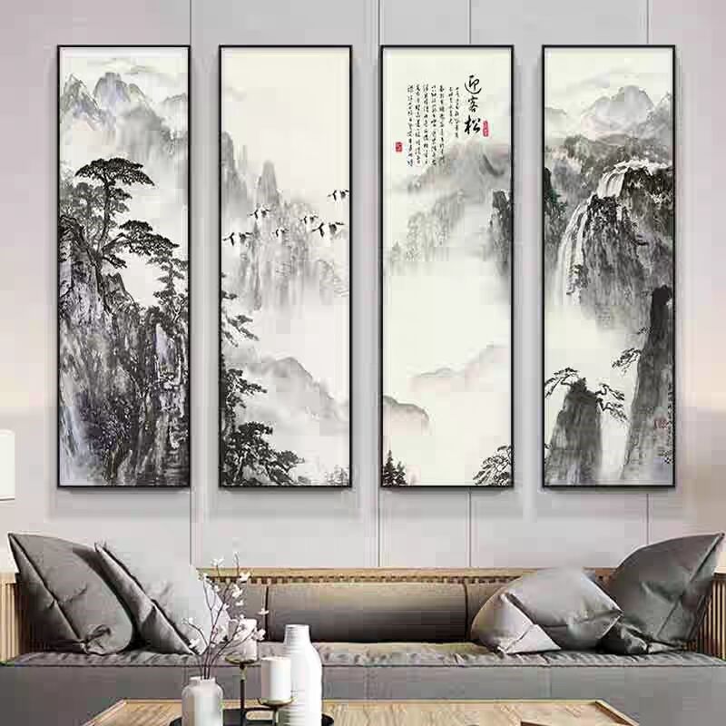 新迎客松水墨山水画客厅沙发背景墙装饰画茶室挂画办公室壁画