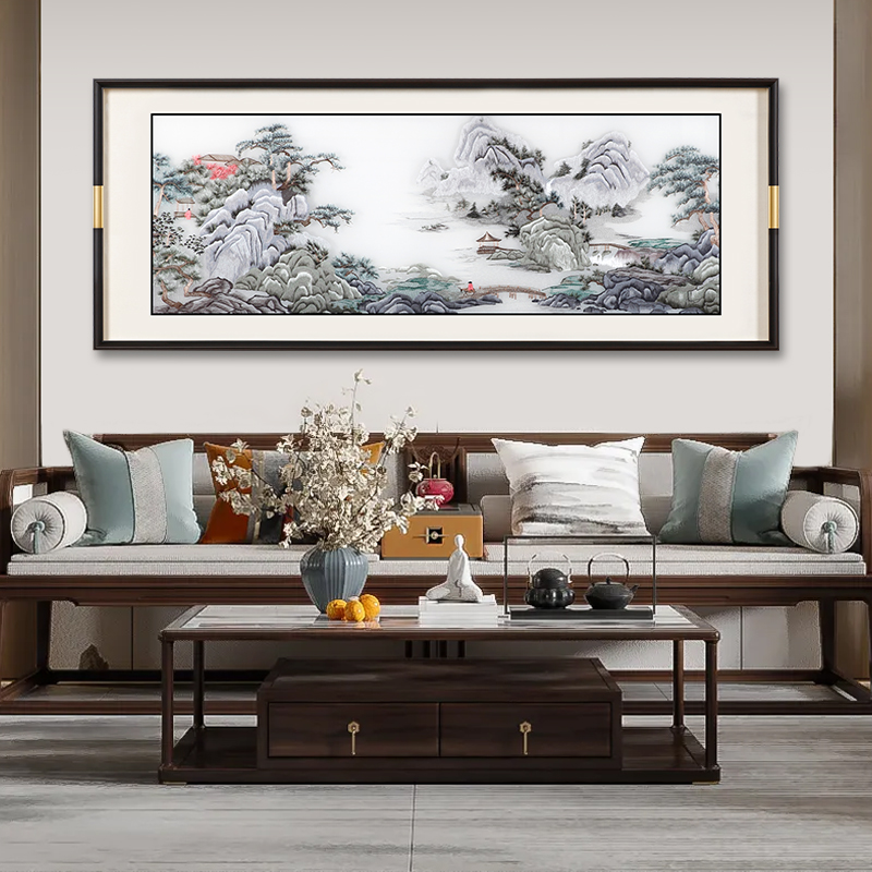 客厅沙发背景墙刺绣装饰画新中式墙面L苏绣挂画大气墙壁山水画图片