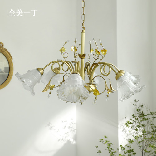 全美一丁浪漫中古黄铜水晶枝形吊灯法式朵客厅卧室蜡烛灯具