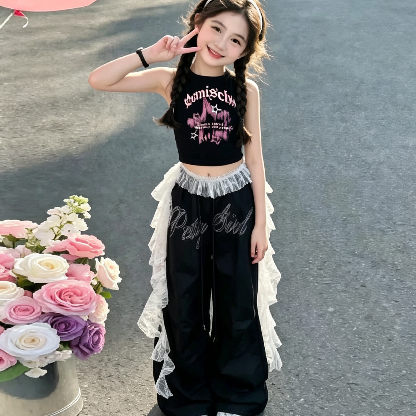 女童爵士舞服装夏季黑色小背心kpop舞蹈练功服儿童时髦街舞表演服图片