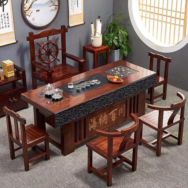 实木老船木茶桌椅组合中式客厅一桌五椅高端茶几一体办公新款茶台