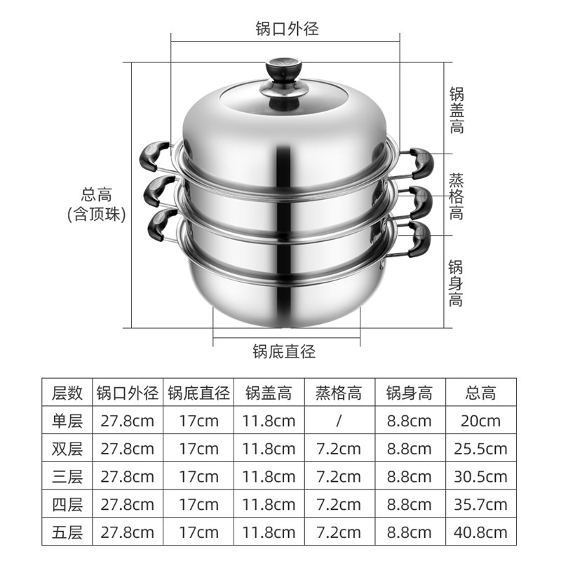 28cm不锈钢多层蒸锅家用双层蒸笼单层蒸汤锅蒸屉蒸馒头电磁炉通用