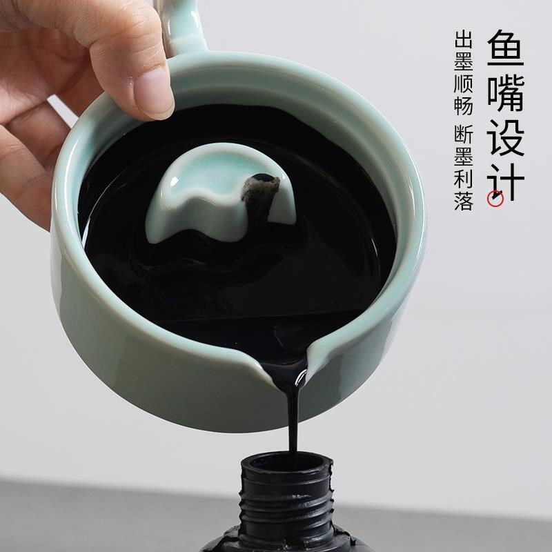 玉水湖墨池砚台毛笔书法火锅砚台天然墨砚带盖文房墨