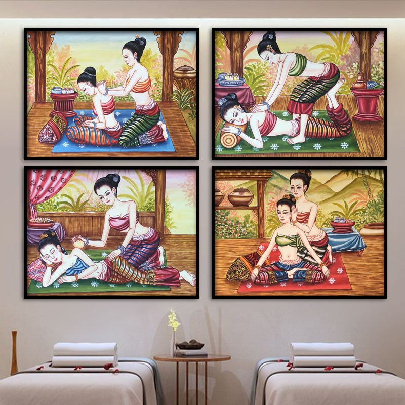 泰式按摩店挂画东南亚泰国手绘壁画足浴足疗养生馆装饰画