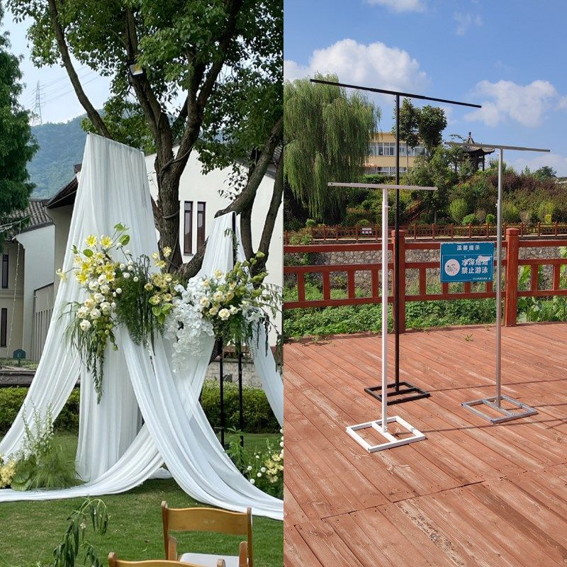 草坪婚礼铁艺婚庆道具背景纱幔牛奶丝雪纺装饰拱门伸缩支架