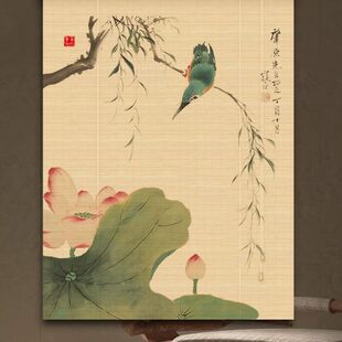 喷绘印画遮光竹帘子 定制印花竹窗帘卷帘茶室隔断汗蒸房挂帘中日式