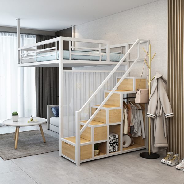loft省空间单上层铁艺上床下桌双人床架高架床小户型上铺下空铁床