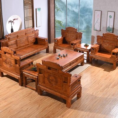 中式实木沙发木头沙发组合榆木格木电视柜客厅全套木质制仿古家具