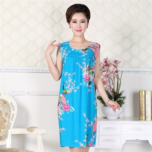 睡裙宽松绵绸连衣裙 睡衣女夏中老年妈妈纯棉绸大码 纯棉绸无袖 薄款