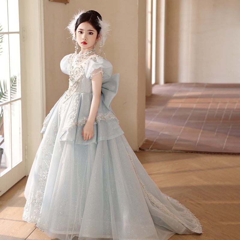 儿童礼服高级感拖尾裙轻奢小众洋气女童模特走秀生日主持钢琴演奏