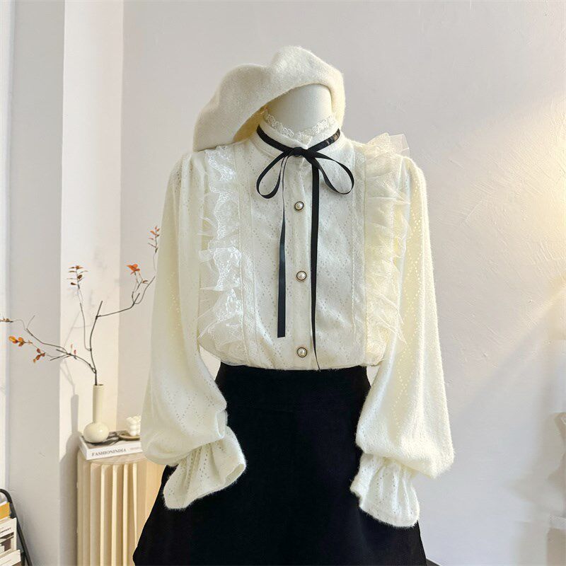 法式花边立领蕾丝衫长袖衬衫女秋冬磨毛加厚气质内搭打底小衫上衣