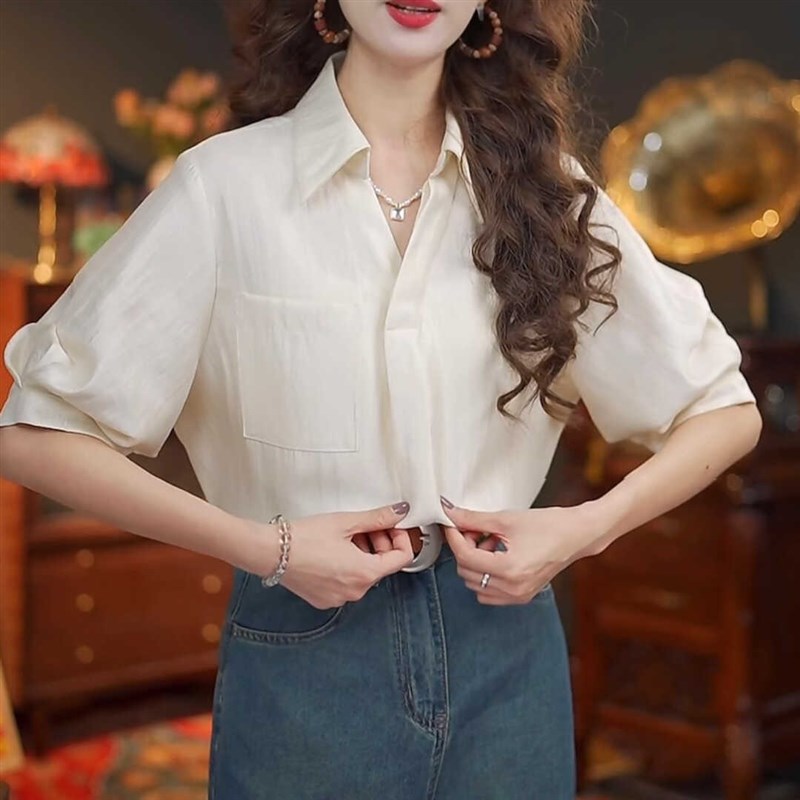 复古港风白色短袖衬衫女款夏季宽松显瘦御姐轻熟风高级感气质上衣