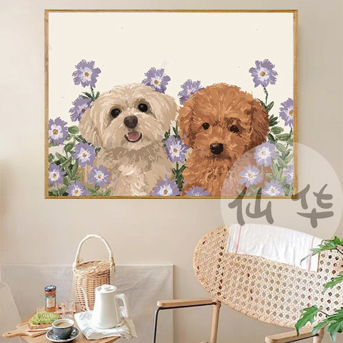 可爱狗狗玫瑰数字油彩画diy手绘填色画手工涂色定制动物装饰挂画