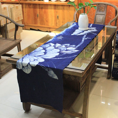 禅意蜡染画桌旗中式复古茶几旗长条形棉布桌子装饰荷花手工茶艺席