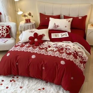 高档简约婚庆四件套纯棉红色床单被套新婚房全棉结婚床上用品陪嫁