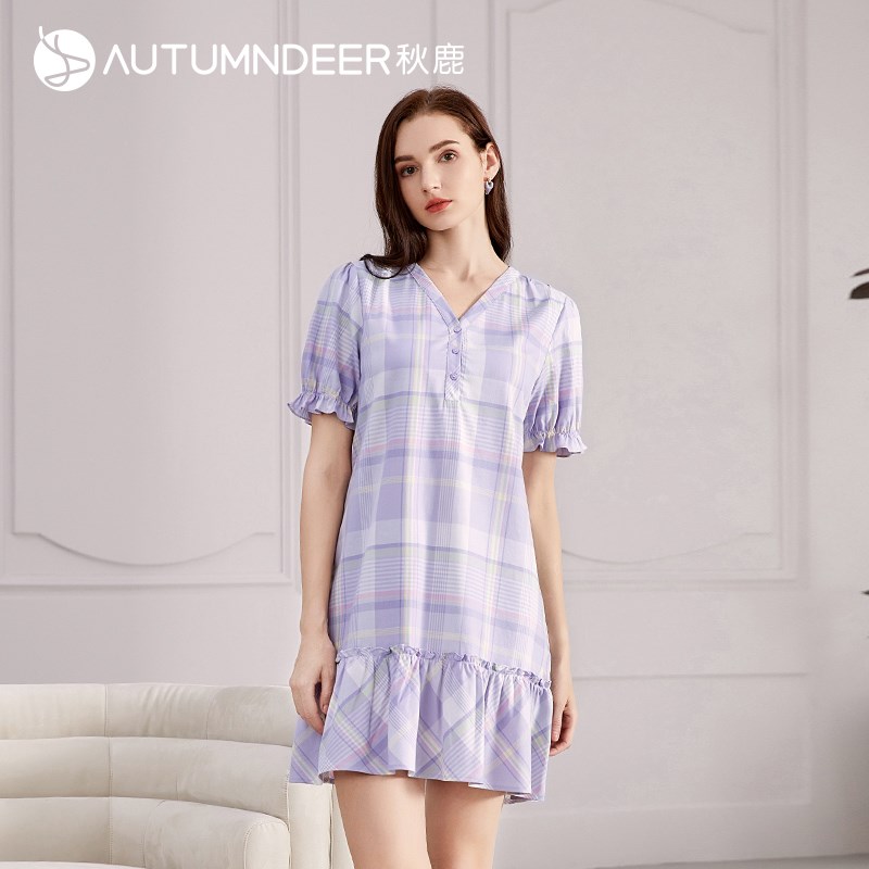 秋鹿夏季睡裙女短袖大码宽松气质可外穿薄款中长款睡衣连衣裙女款