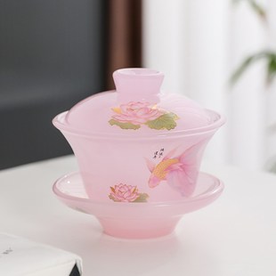 古法粉玉鸿运年莲琉璃三才盖碗轻奢高颜值功夫茶具不怕烫手带礼盒