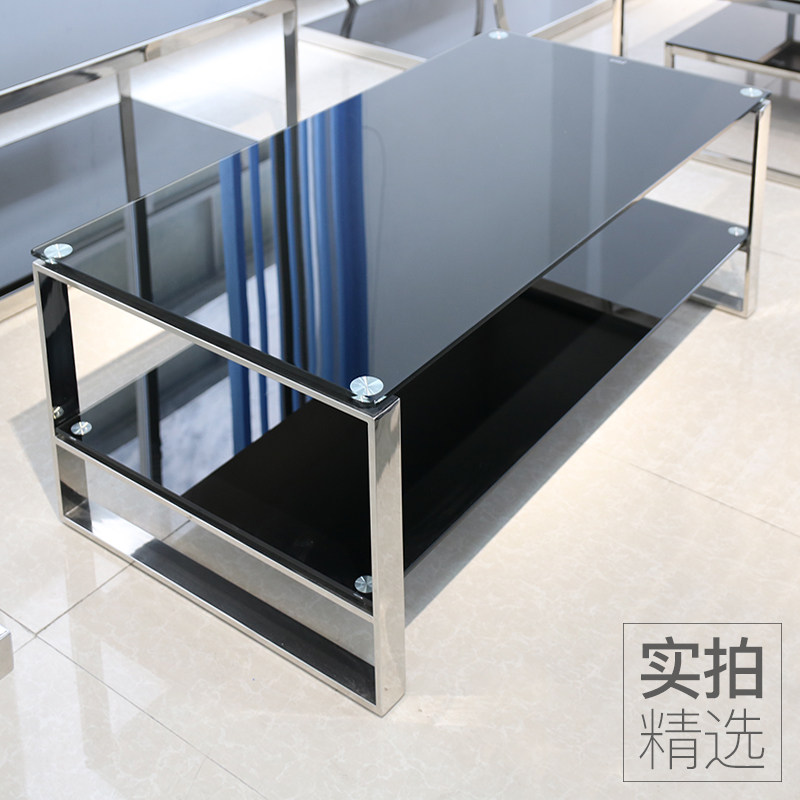 黑色钢化玻璃不锈钢架沙发小型茶几双层长方形办公室时尚休闲茶桌
