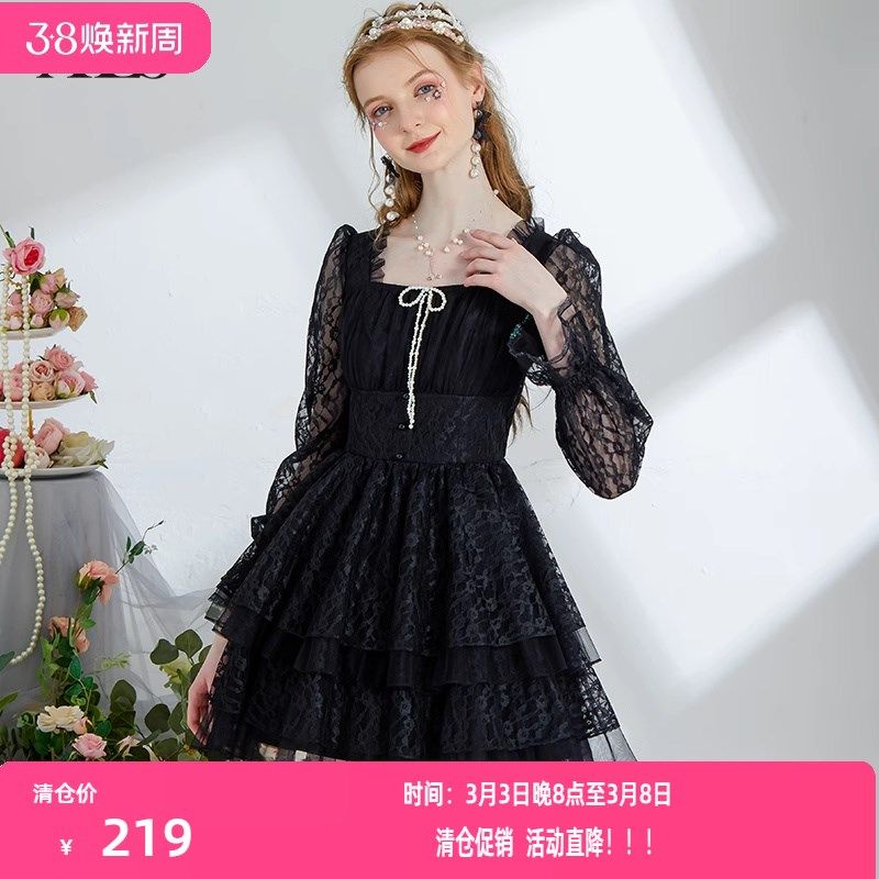 艾丽丝2025春季新款甜美公主风蛋糕裙长袖方领短款连衣裙黑色白色