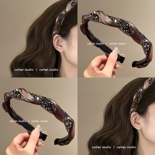 高级感麻花编织头箍带齿发卡盘发器 法式 含蓄褐色 优雅碎钻头箍