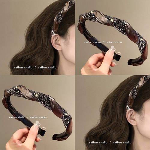 含蓄褐色!优雅碎钻头箍!法式高级感麻花编织头箍带齿发卡盘发器