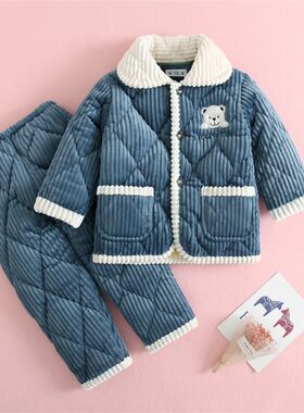 儿童冬季夹棉加厚保暖睡衣法兰绒宝宝中小童小孩男童女童家居服