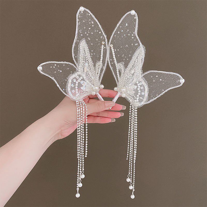 儿童高颜值仙美羽毛发夹女童蝴蝶流苏对夹公主宝宝水钻发卡头饰品