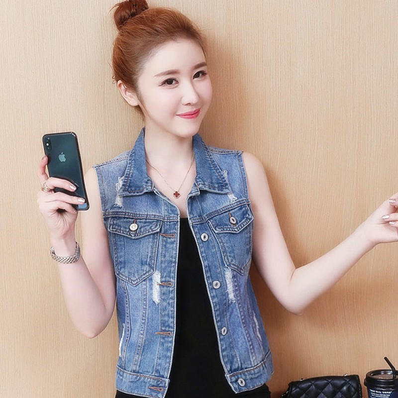 2021春夏装新品短款牛仔马甲女装无袖流苏毛边破洞马夹百搭短外套