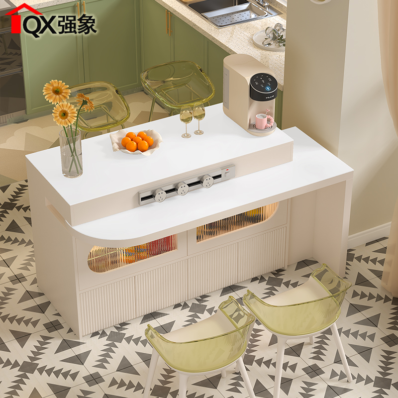 奶油风旋转伸缩岩板餐边柜岛台餐桌一体厨房隔断吧台饭桌家用E41