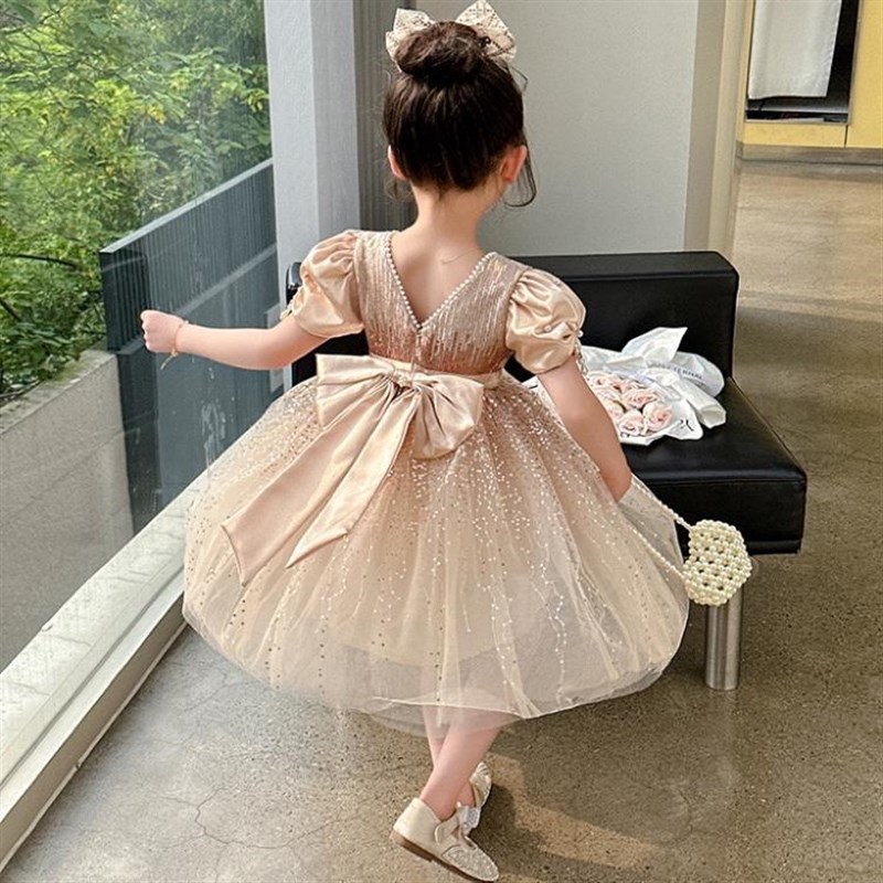 香槟色网纱裙2024夏季新款女童气质闪闪连衣裙香槟珍珠礼服裙女宝