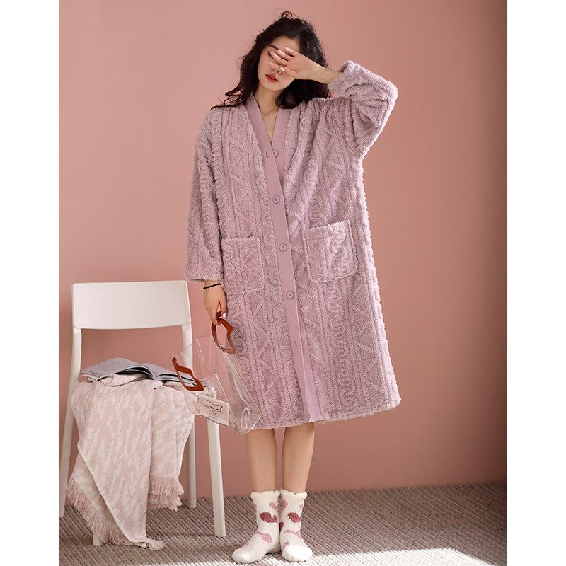 珊瑚绒睡袍女长款晨袍冬季加厚加绒高级感法兰绒睡衣冬款性感浴袍
