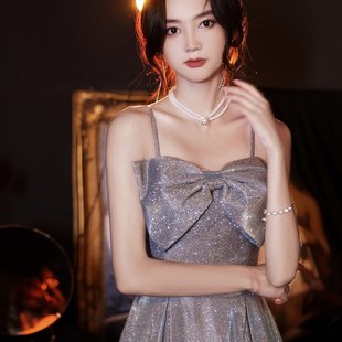 星空晚礼服2022新款吊带蓝色长款亮片一字肩主持人合唱指挥礼服女