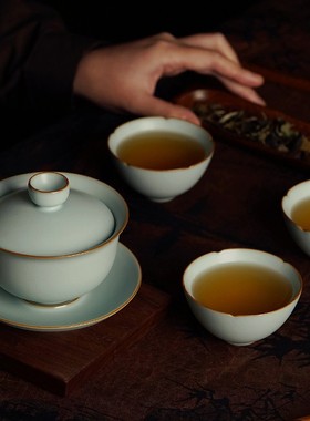 古月杯手工汝窑主人茶杯单杯品茗杯开片可养景德镇陶瓷青澹窑汝瓷
