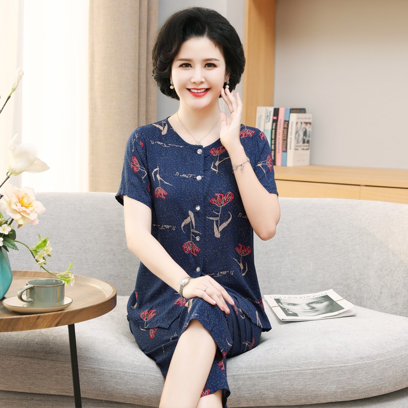 中年妈妈款棉绸睡衣女夏季薄款开衫短袖七分裤夏天老人家居服套装