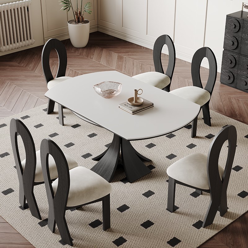 法式复古伸缩岩板餐桌白色家用小户型意式轻奢设计师圆形实木餐桌