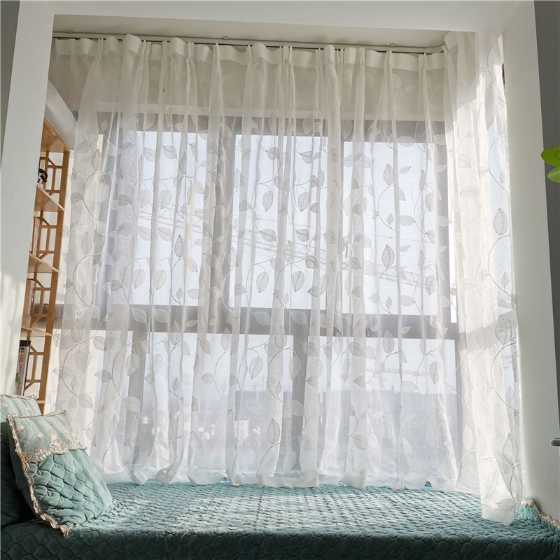 免打孔魔术贴窗帘窗纱帘叶子小清新自粘式北欧简约卧室窗帘布白色