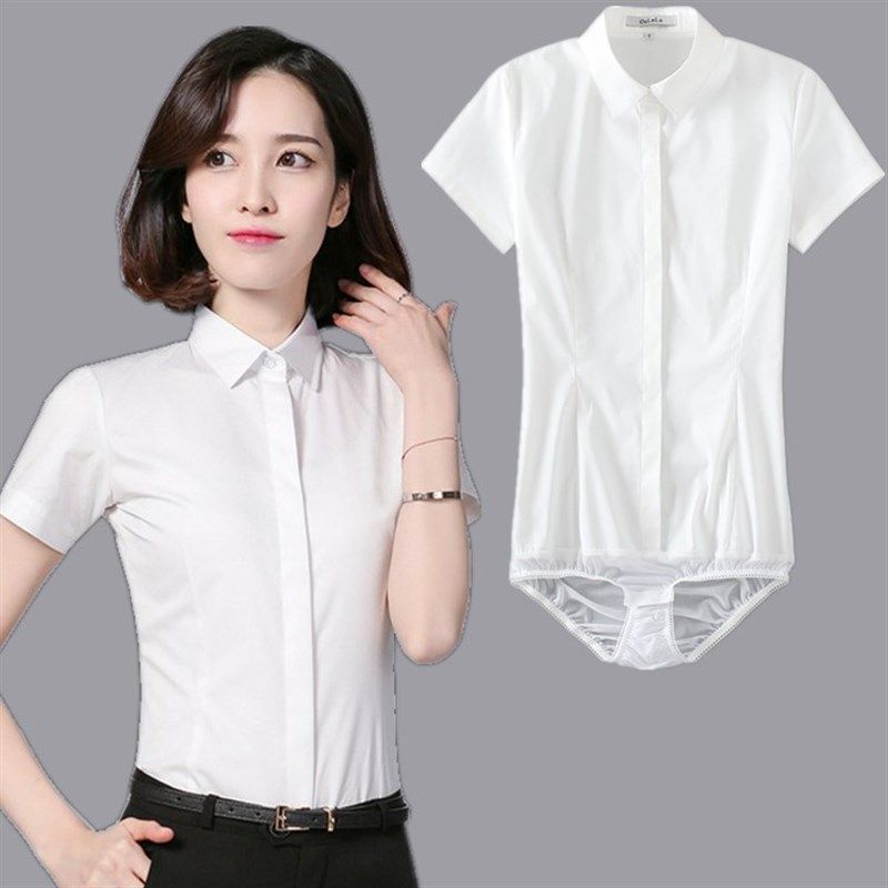短袖连体衬衫女职业工作装面试弹力修身长袖连裤衬衣寸衫白色灰色