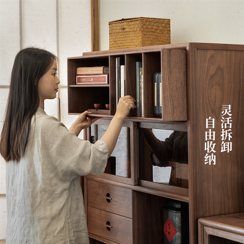 璞木新中式黑胡桃实木多宝阁博古架茶壶茶柜书柜茶叶置物架展示柜