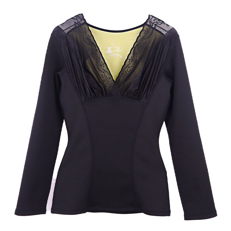 保暖背心女款内衣加绒上衣打底衫加厚秋冬季德绒发热长袖内穿V领