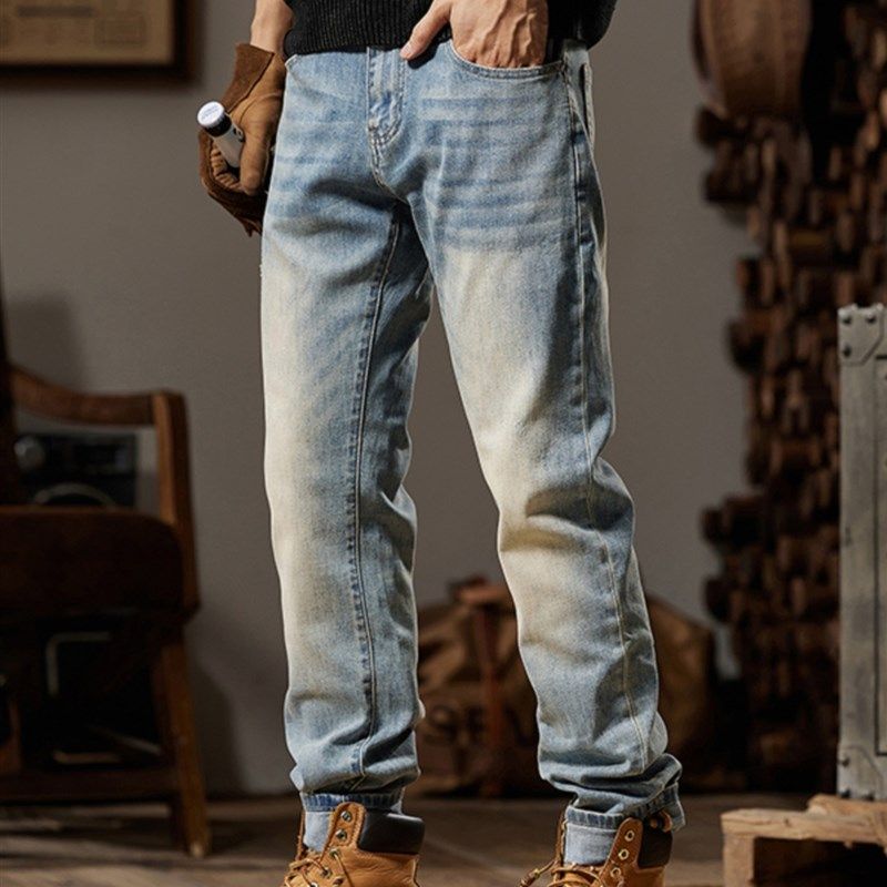 覆古浅蓝色加绒牛仔裤男春秋季浅色宽松直筒弹力水洗磨黄猫须裤子