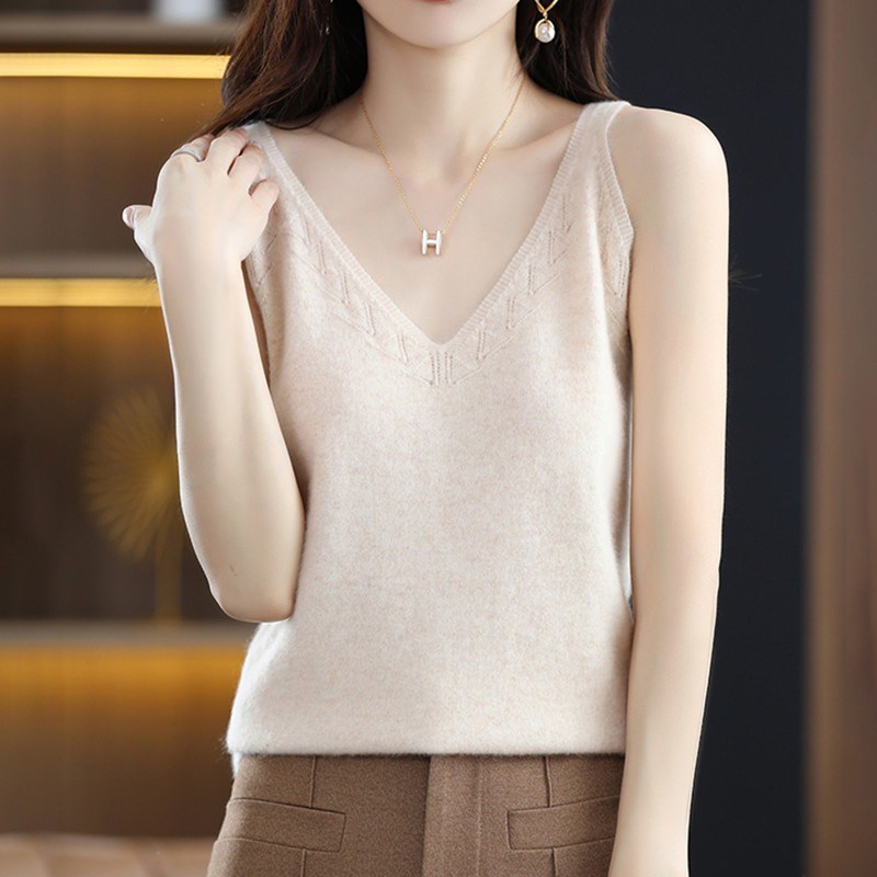 法式性感小吊带背心女夏设计感镂空薄款露肩针织v领无袖打底上衣