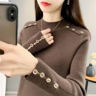 2023秋冬新款圆领加厚毛衣女内搭修身洋气长袖短款针织打底针织衫