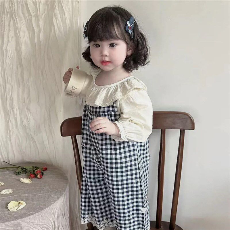 女童春装洋气格子背带裤套装公主打底衫背心阔腿裤宝宝洋气外出服