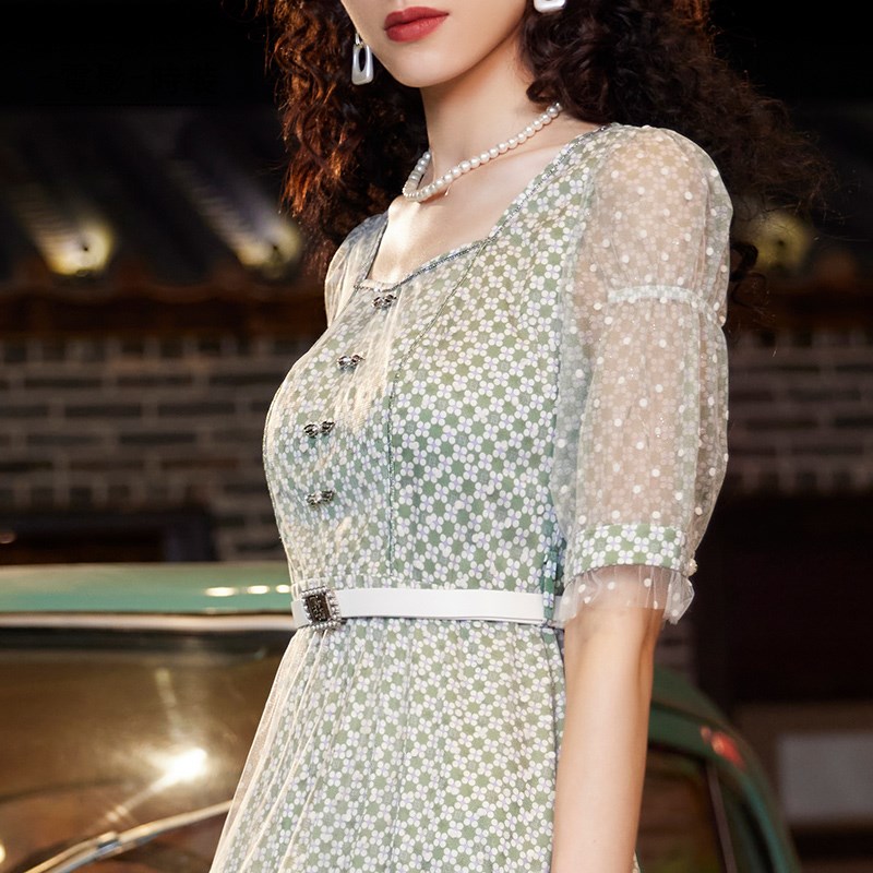 一电影一时装春夏浪漫网纱碎花波点连衣裙女长裙