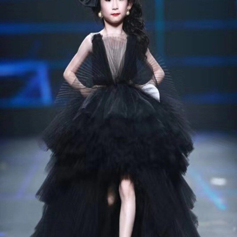 女童礼服裙黑色洋气公主婚礼花童婚纱裙拖尾钢琴演出服模特走秀裙