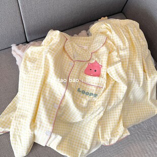 黄色格子睡衣女款春秋季纯棉长袖长裤套装学生卡通可爱出门家居服