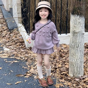 韩国童装2024秋冬新款甜美紫色针织套装女童可爱立体球球毛衣半裙